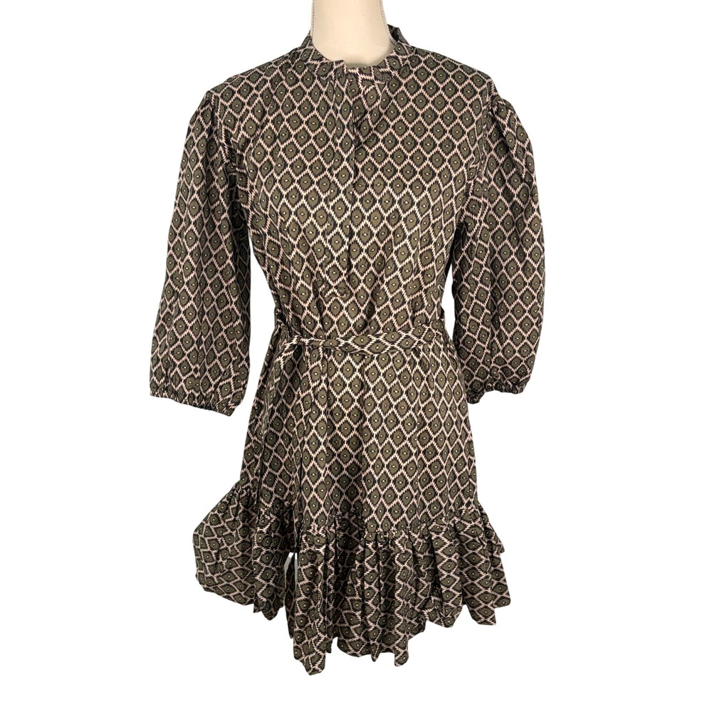 Deluc Olive Green Geometric Cotton Ruffle Mini Dress Feminine Boho Western Large